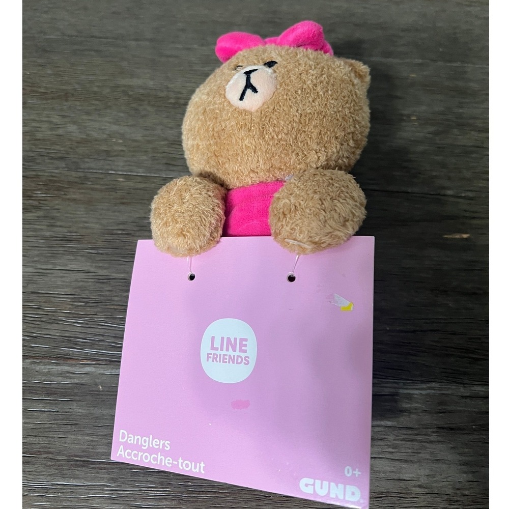 LINE FRIENDS Brown Bear Gund Dangler Plush Pink Bow Stuffed Animal Toy 5in